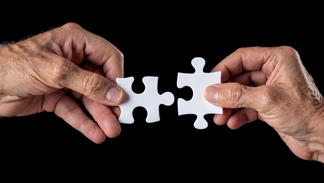 Dos manos intentando unir piezas de rompecabezas blancas, simbolizando la mediación y resolución de conflictos en un divorcio.